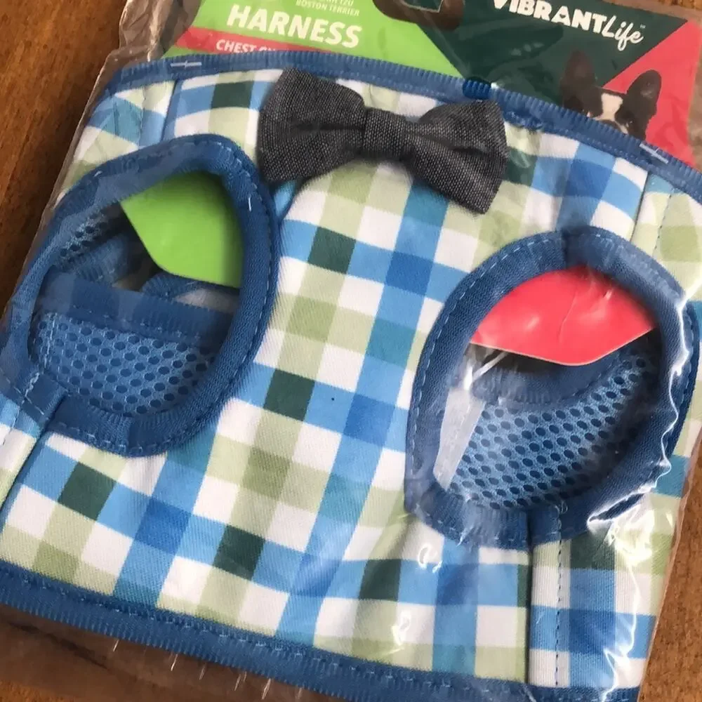 Vibrant Life Blue and Green Plaid Bow Tie Harness Size Small